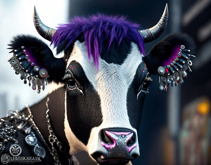 Stylized image of a cow with purple hair and ornate jewelry