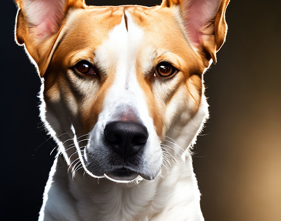 Tan and White Dog Portrait with Erect Ears on Dark Background