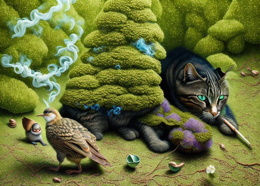 Detailed Illustration of Cat, Tree, Bird, Nuts, and Teacup in Lush