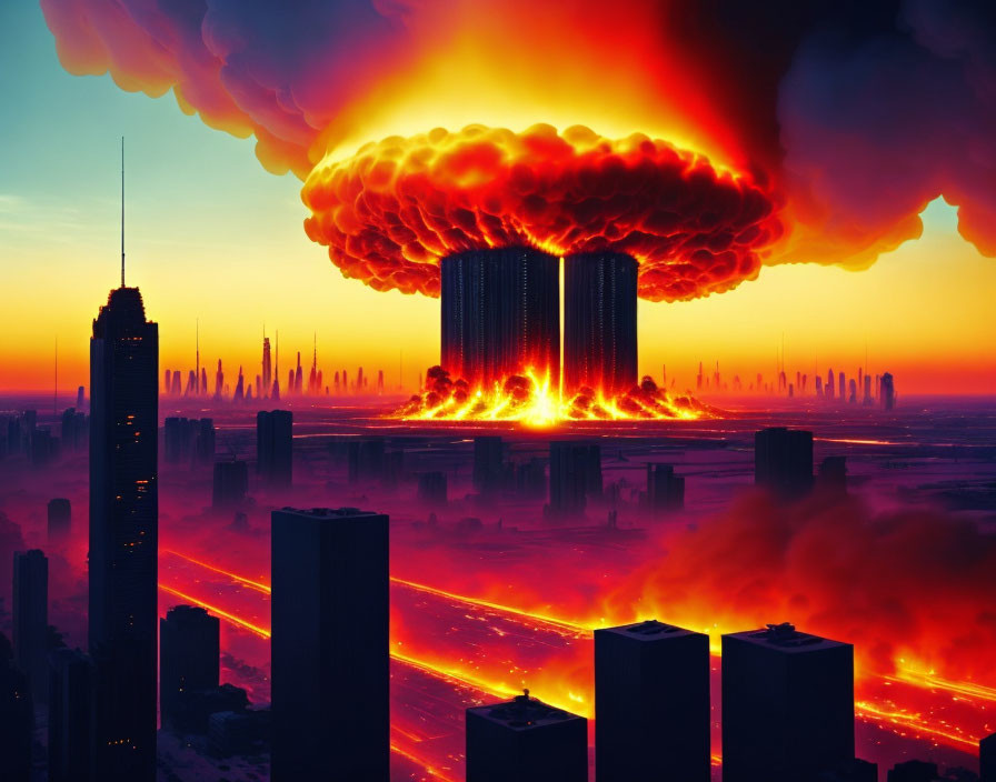 City skyline devastated by nuclear explosion with massive mushroom cloud and fiery blast waves at sunset