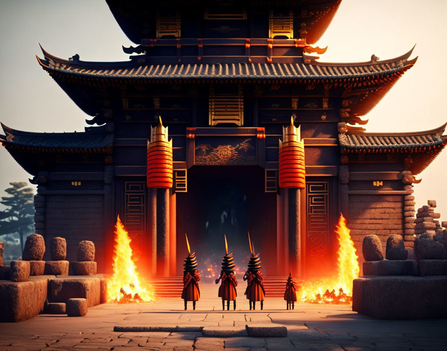 Asian Temple Entrance with Red Banners, Statues, and Figures in Black Armor amid Flames