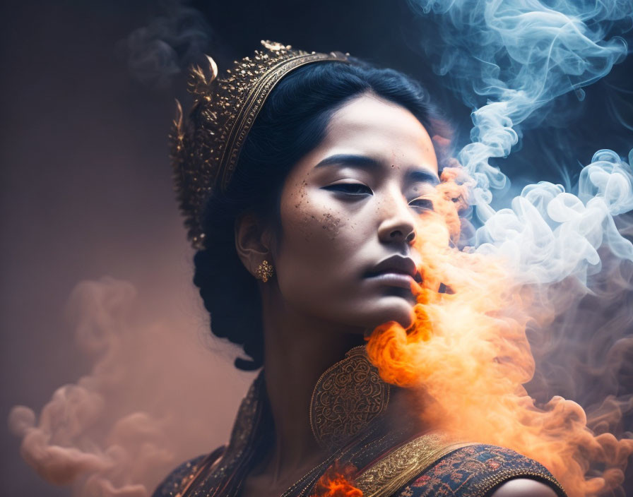 Regal woman with crown in mystical portrait with blue and orange smoke.