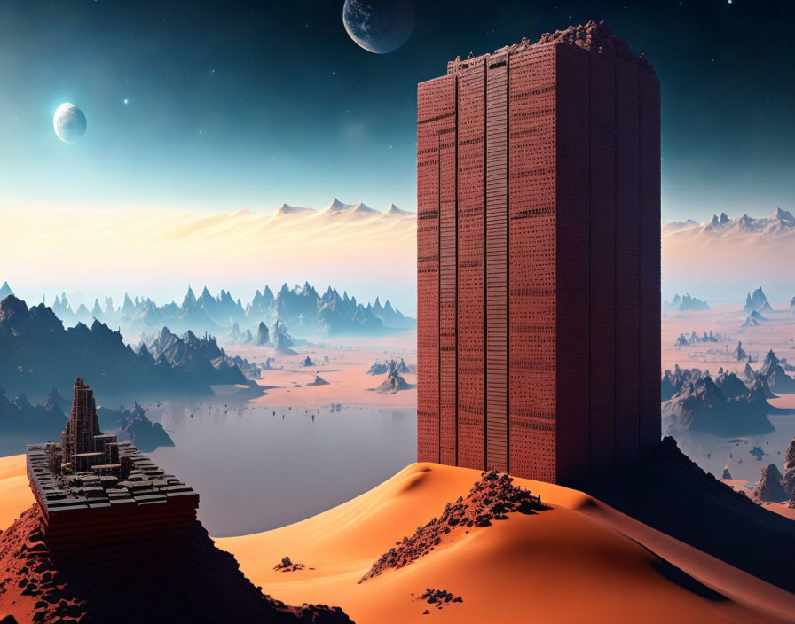 Futuristic desert landscape with colossal monolithic structure under alien sky