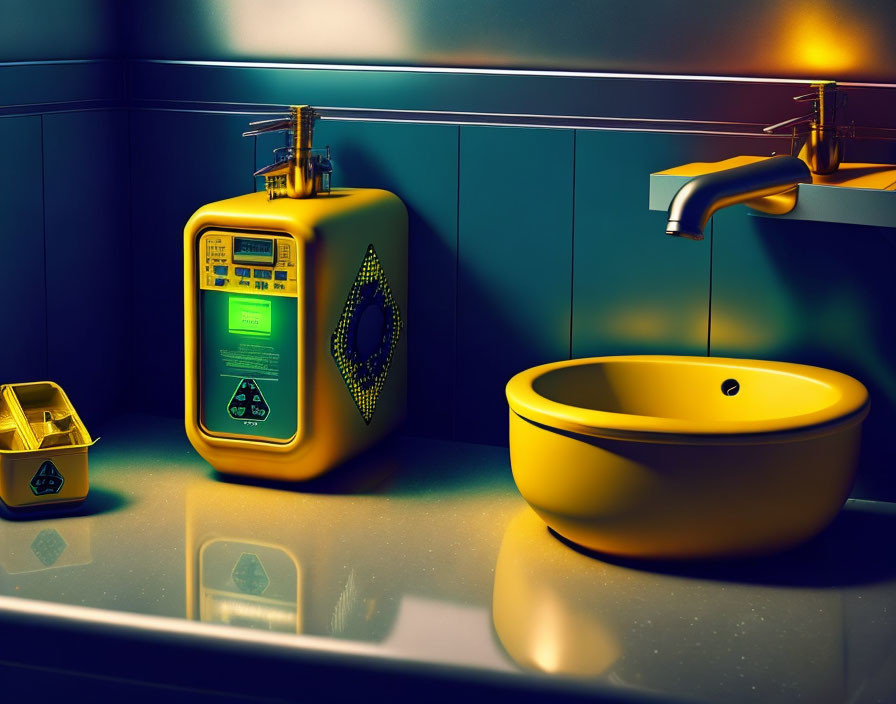 Futuristic Yellow Bathroom with High-Tech Mirror and Basin