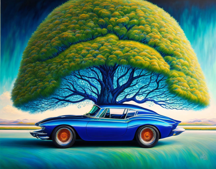 Colorful painting: Classic blue car with tree on roof in surreal landscape