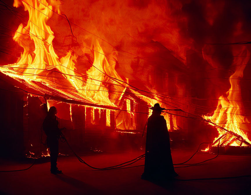 Firefighters battling intense blaze at building in silhouette