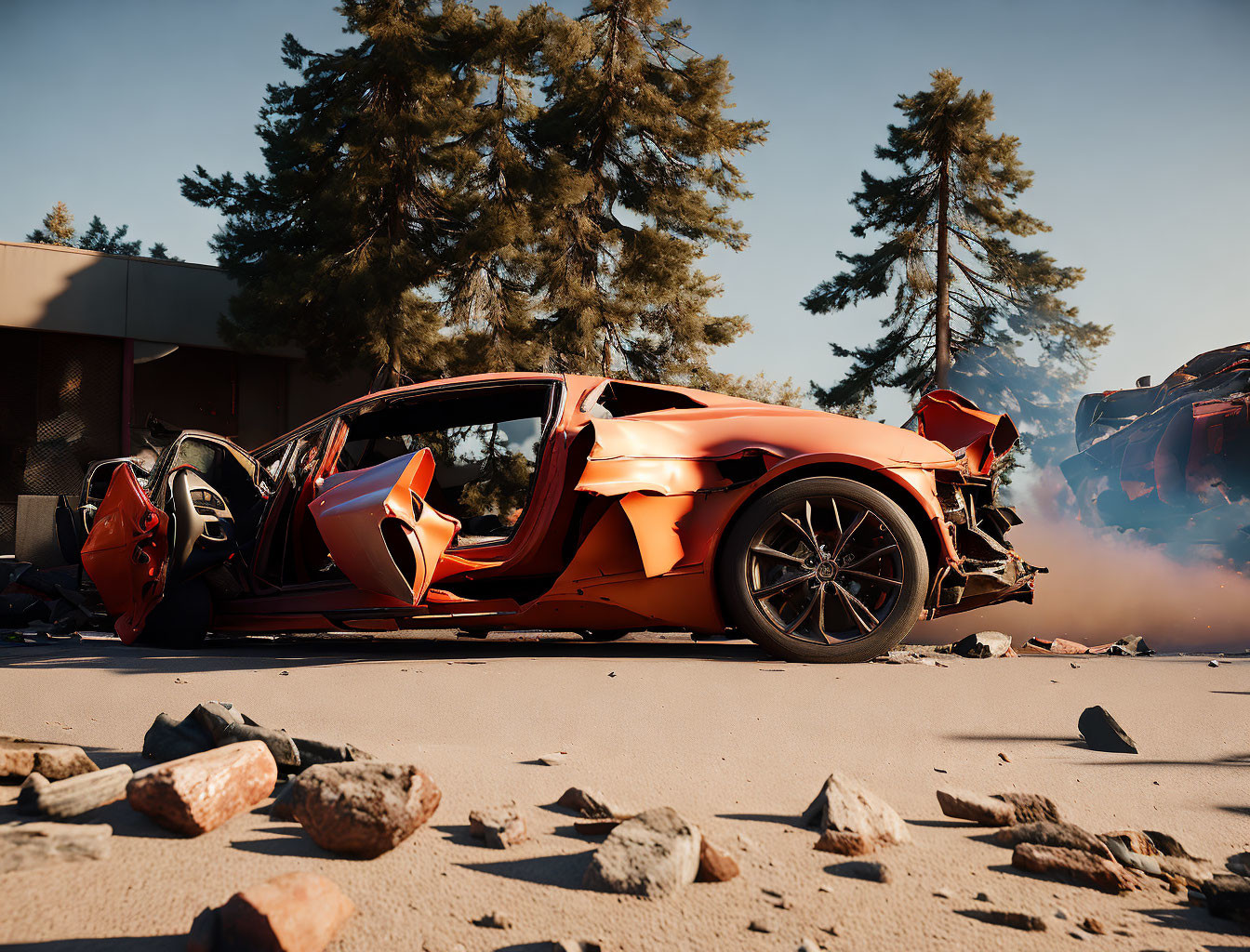 Severely damaged orange car in debris with smoke and open doors.