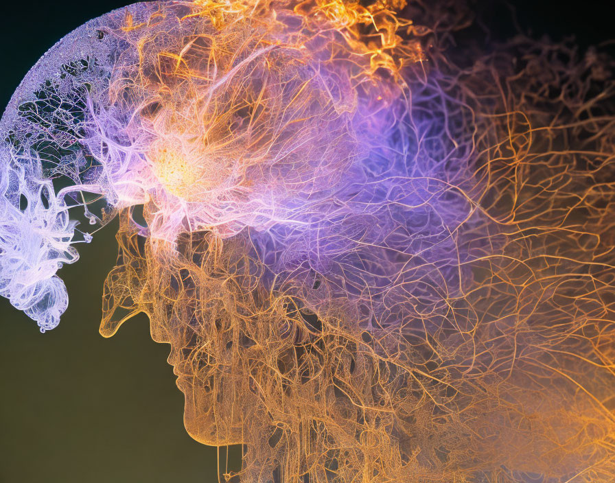 Digital artwork: Human profile with intricate brain-like structures and fiery neural networks.