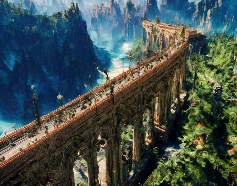 Ornate bridge over lush valley with waterfalls