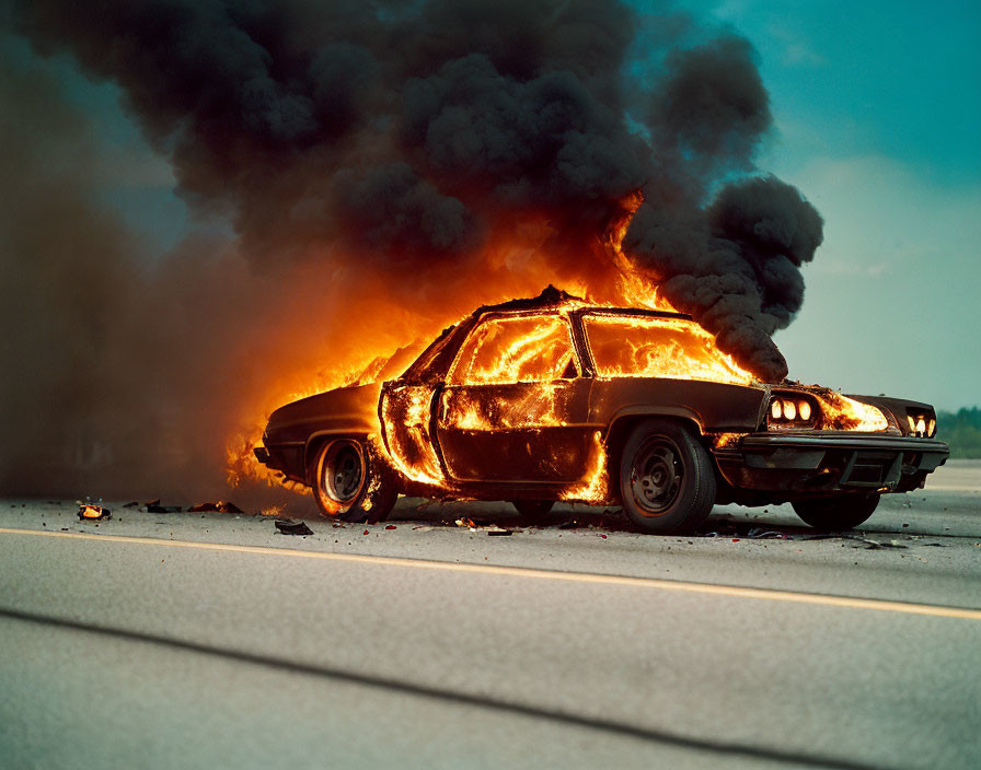 Vehicle on Fire with Black Smoke at Dusk