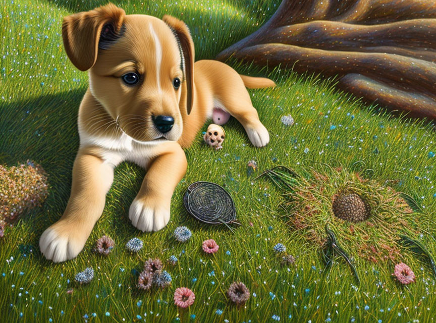 Digital illustration of cute puppy on grassy field with flowers, snail, and ball