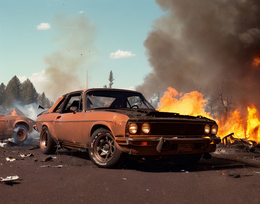 Vintage Car with Damaged Front Amidst Chaotic Scene