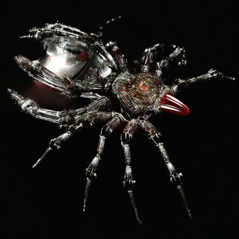 Detailed Robotic Spider with Red Accent on Black Background