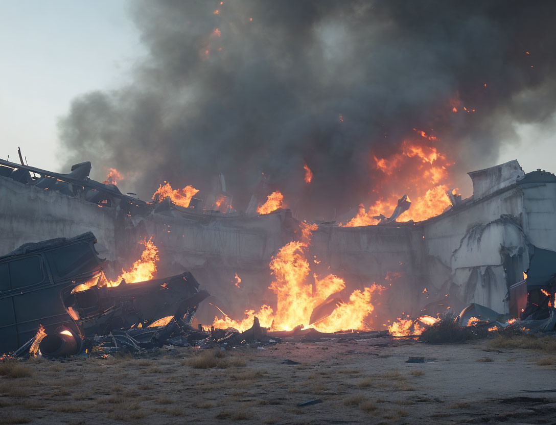 Devastating fire engulfs demolished structure and overturned vehicles