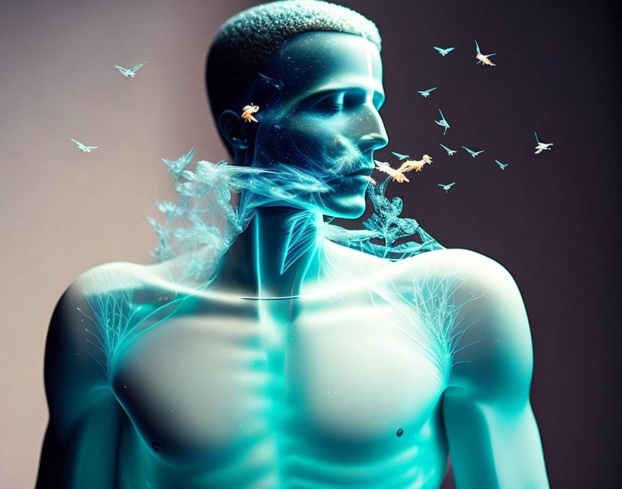 Human with Visible Airways and Butterflies: Surreal Anatomy and Nature Blend