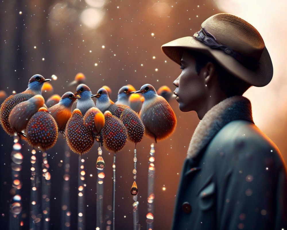 Vintage Hat Woman with Colorful Birds in Dreamy Setting