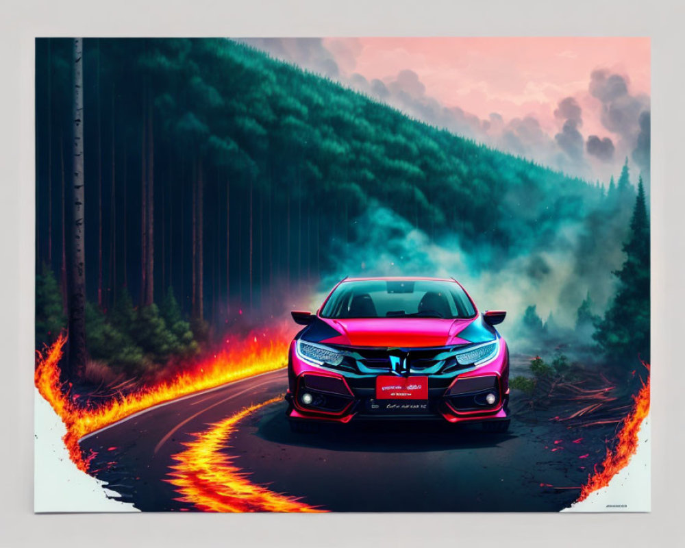 Vibrant artwork: car with flaming trails on forest road under pink haze.