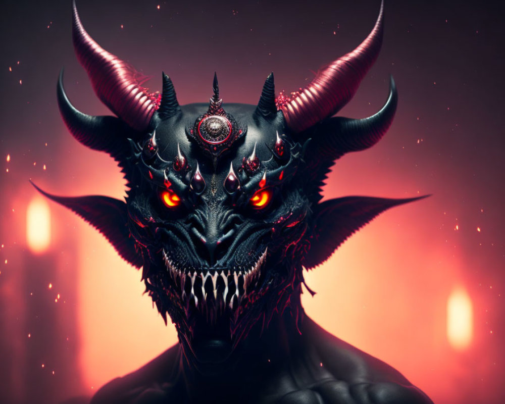 Sinister demon with red eyes, large horns, sharp teeth, and intricate facial ornamentation in dark