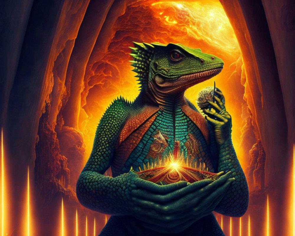 Vibrant green humanoid lizard creature with glowing orb in volcanic setting