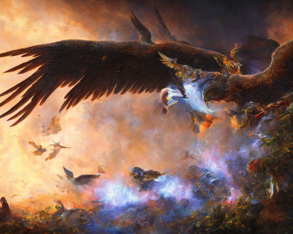 Fiery phoenix battle above vibrant forest in epic scene