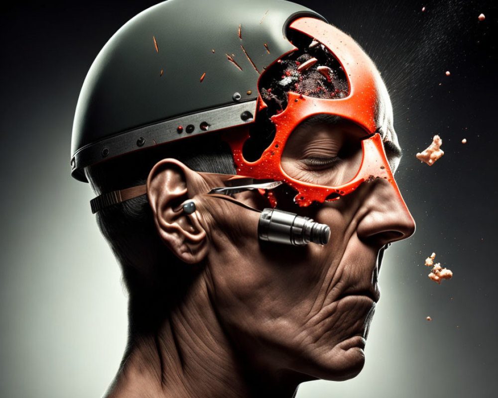 Futuristic helmet breaking to reveal robotic interior profile