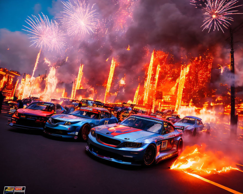 Luxury sports cars with fireworks and flames in twilight sky