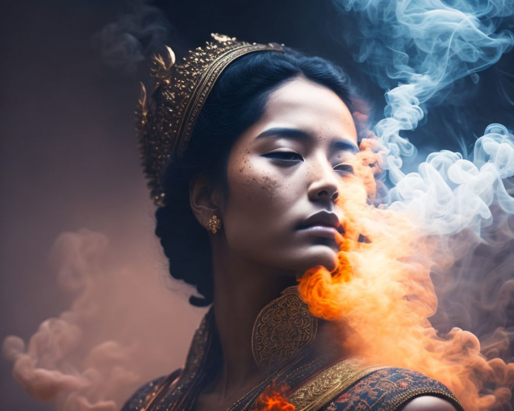 Regal woman with crown in mystical portrait with blue and orange smoke.