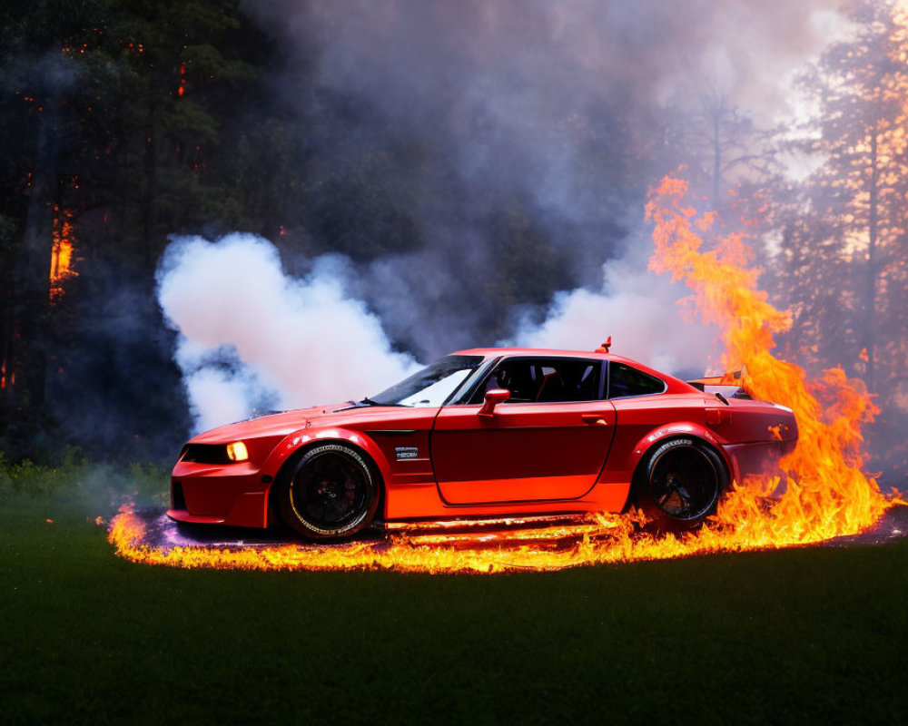 Red sports car engulfed in flames and smoke in forest setting