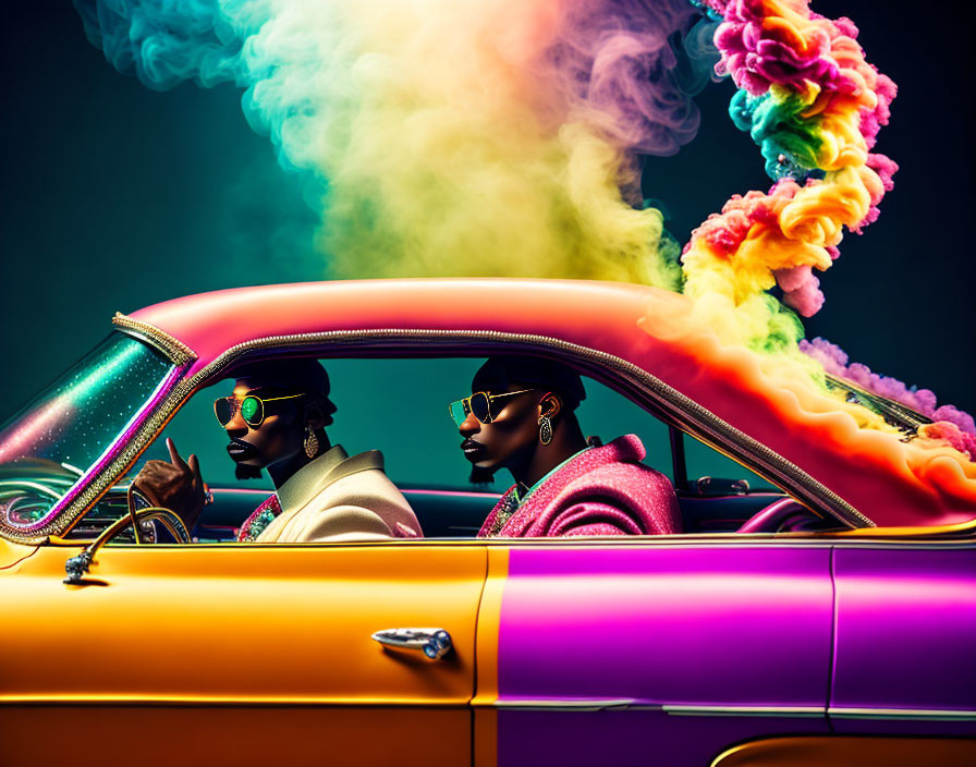 Stylish individuals in colorful outfits driving classic car with vibrant smoke