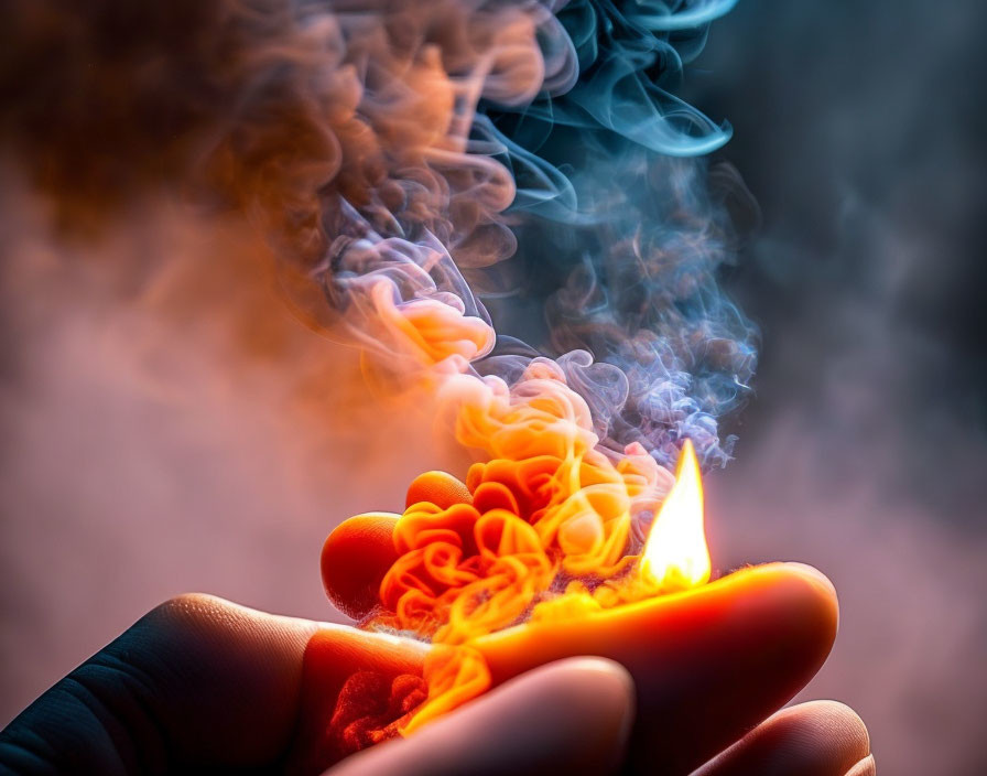 Vibrant hand-held flame with swirling smoke on blurred background