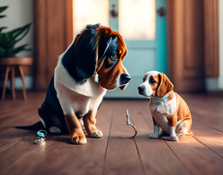 Two dogs with stethoscope, one in glasses and white coat