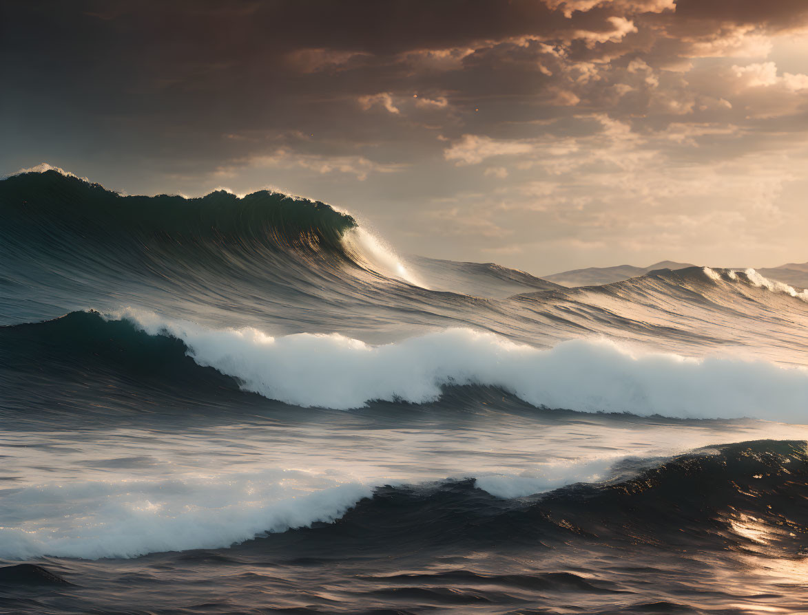 Serene sunset over sea with rolling waves and warm hues