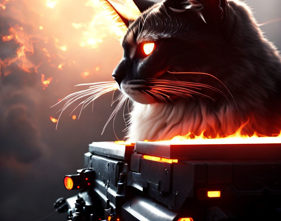 Black and white cat with red eyes on futuristic machinery in fiery setting