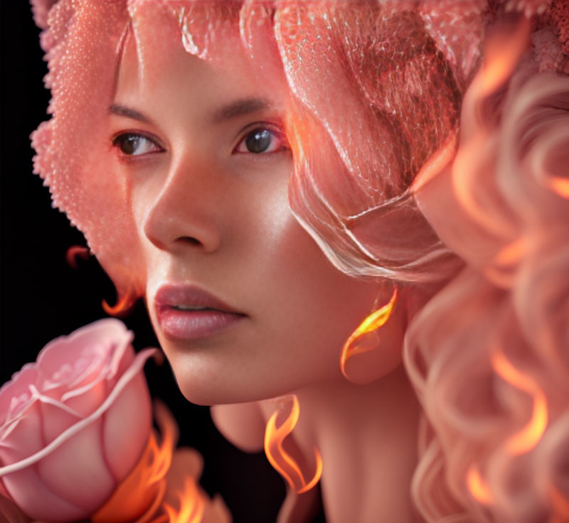 Pink-haired person with floral accessory holding a rose under fiery orange glow