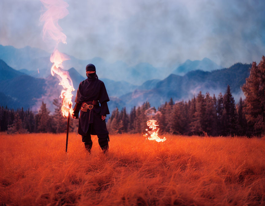 Mystical person with flaming staff in fantasy landscape