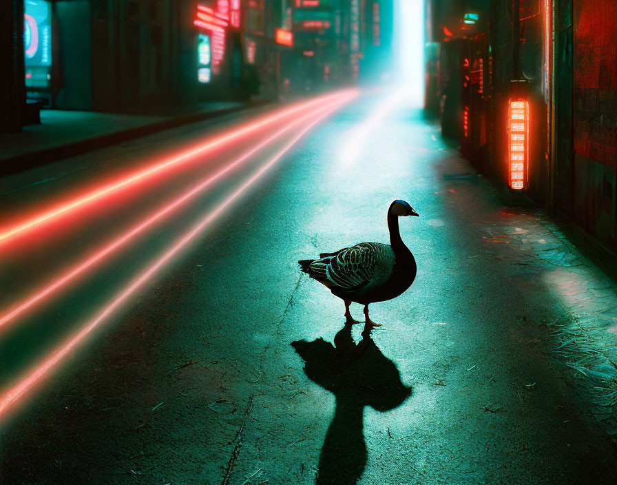 Lonely duck in neon-lit city street at night