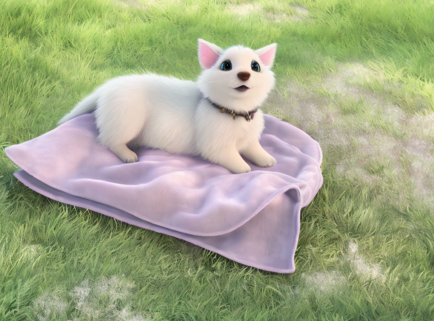 Fluffy White Dog with Pointed Ears on Purple Blanket in Green Grass