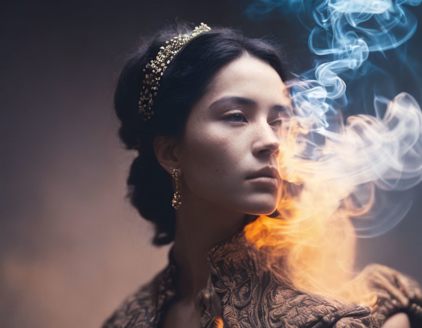 Mystical woman in headpiece surrounded by swirling smoke