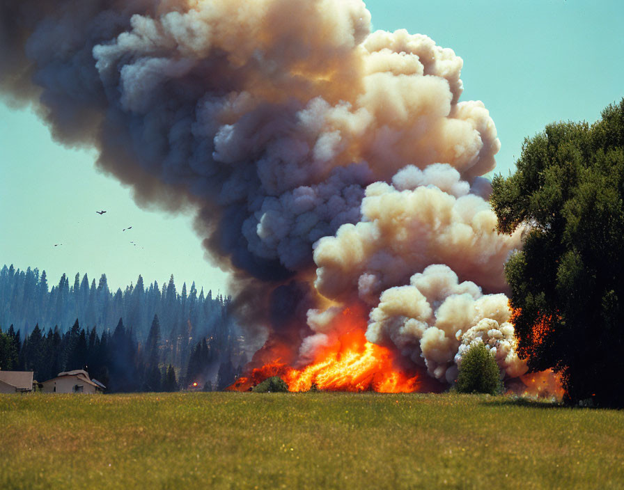 Intense wildfire with billowing smoke near rural area