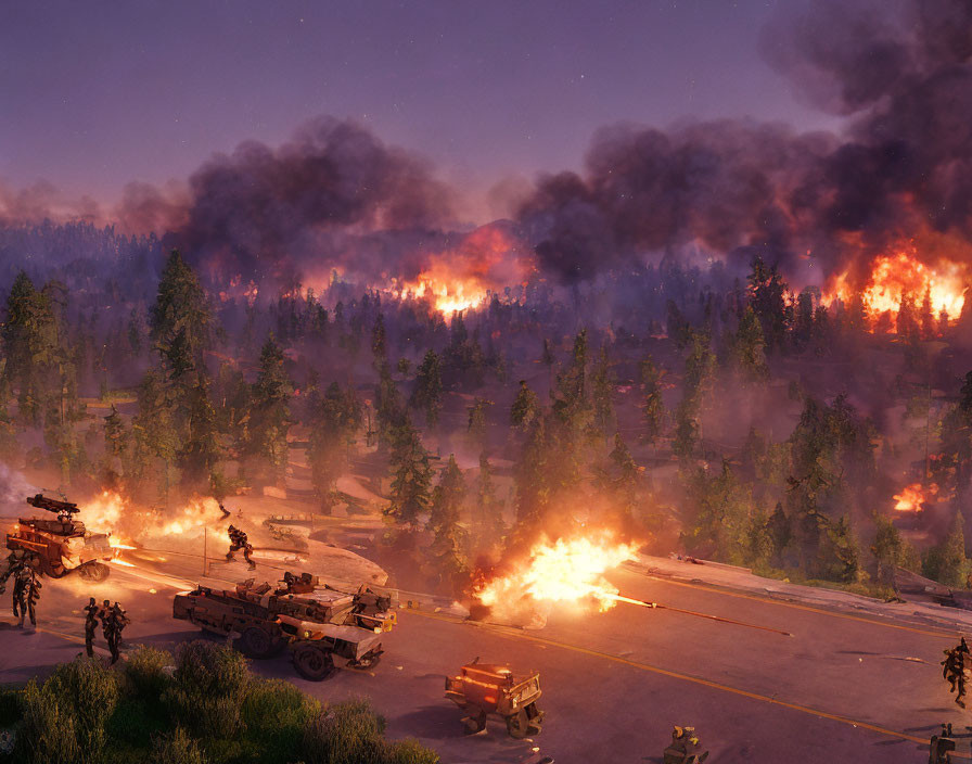 Forest fire scene at night with military vehicles and soldiers amidst flames and smoke.