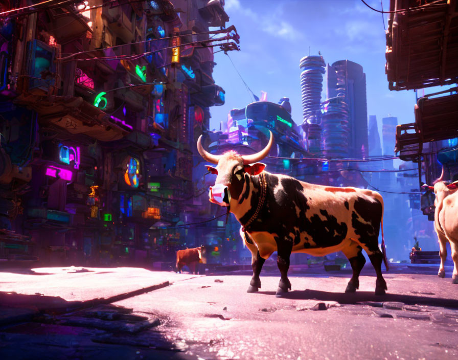 Cows in neon-lit futuristic cityscape