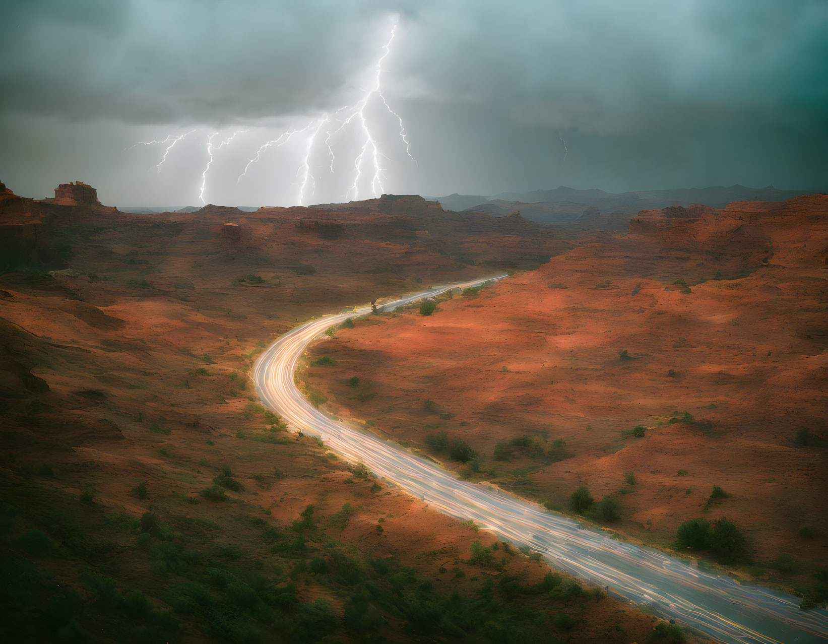 Winding Road in Desert Landscape with Lightning Strike