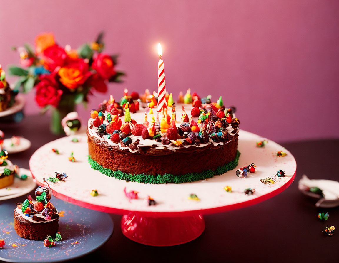 Vibrant birthday cake with lit candle, berries, candy, and green sprinkles