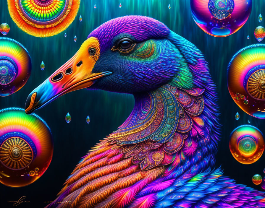 Colorful Duck Artwork with Intricate Patterns and Luminescent Bubbles