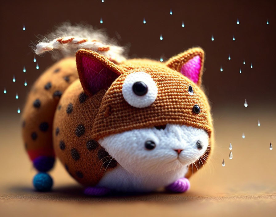 Colorful Cat Plush Toy with Polka Dots and Water Droplets