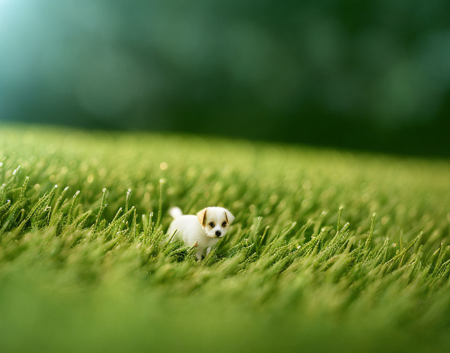 White Puppy with Brown Patches in Green Field at Sunrise