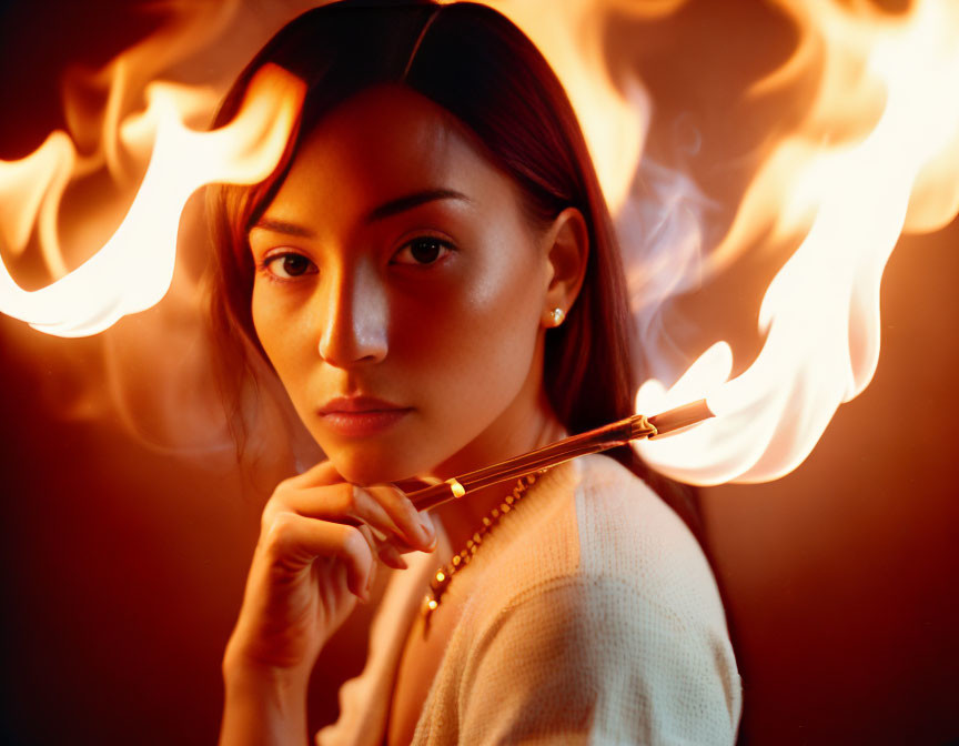 Woman holding lit match with dynamic flames on dark background