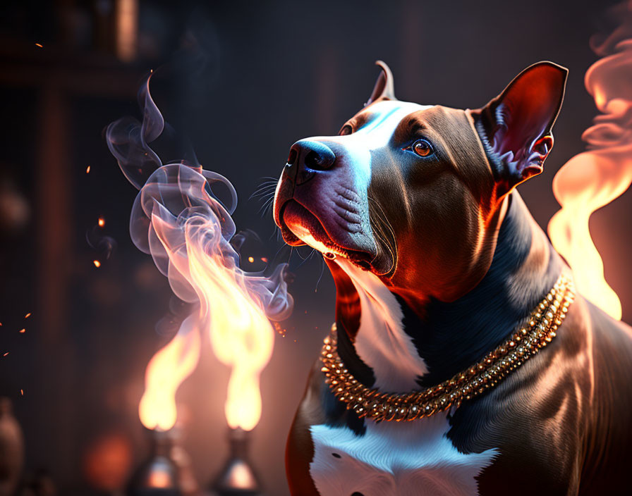 Glossy-coated dog adorned with gold chain in fiery setting