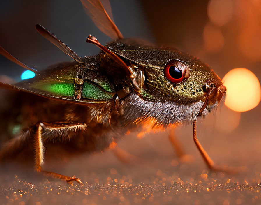 Detailed Close-Up of Cicada with Intricate Wing Patterns and Dewdrops