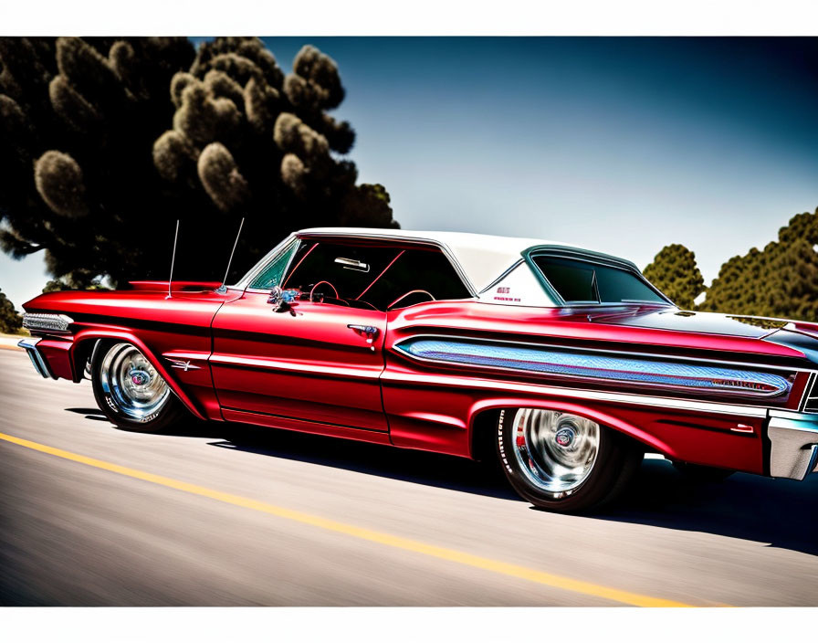 Vintage red car with white roof speeding on road, chrome details shining